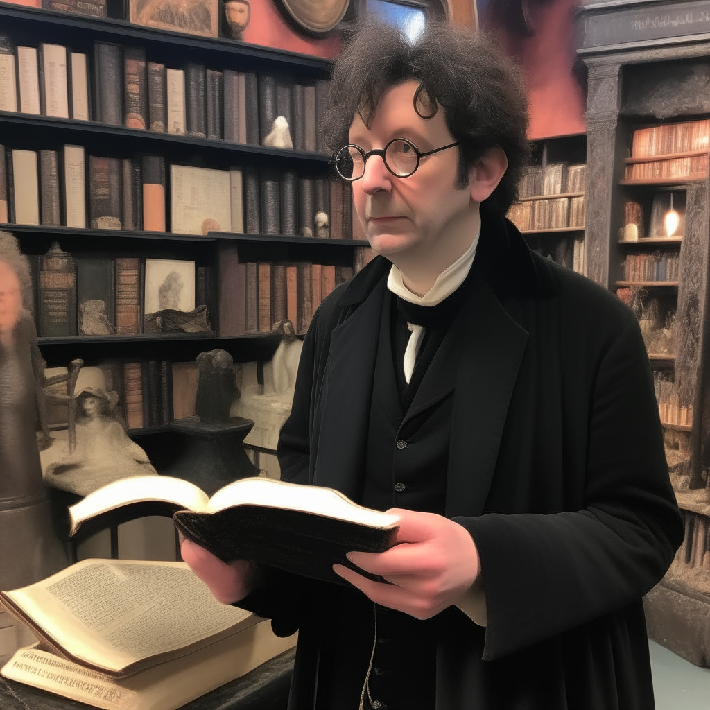 Neil Gaiman as Crowley from good omens with a magic book, the background is Aziraphale bookshop