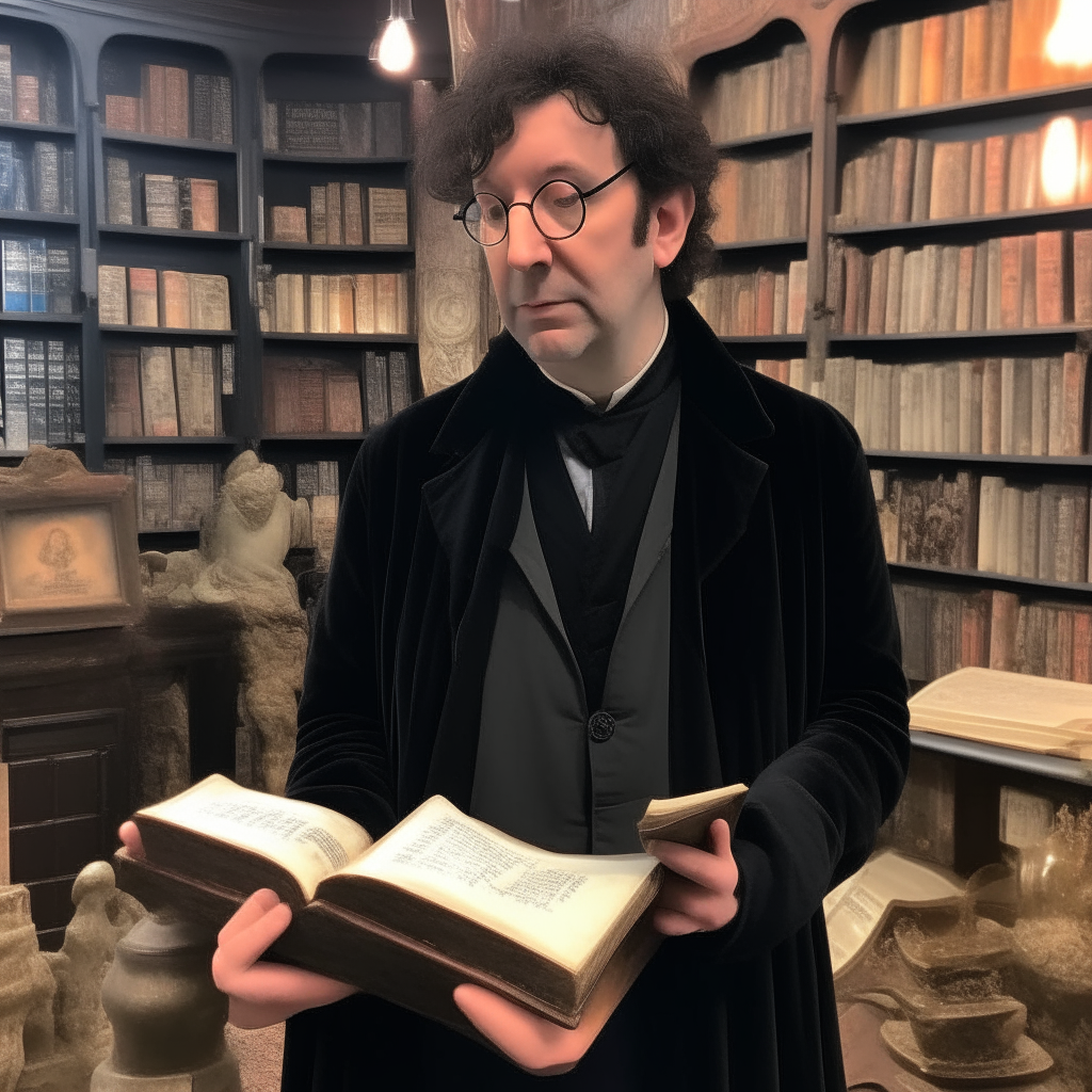 Neil Gaiman as Crowley from good omens with a magic book, the background is Aziraphale bookshop