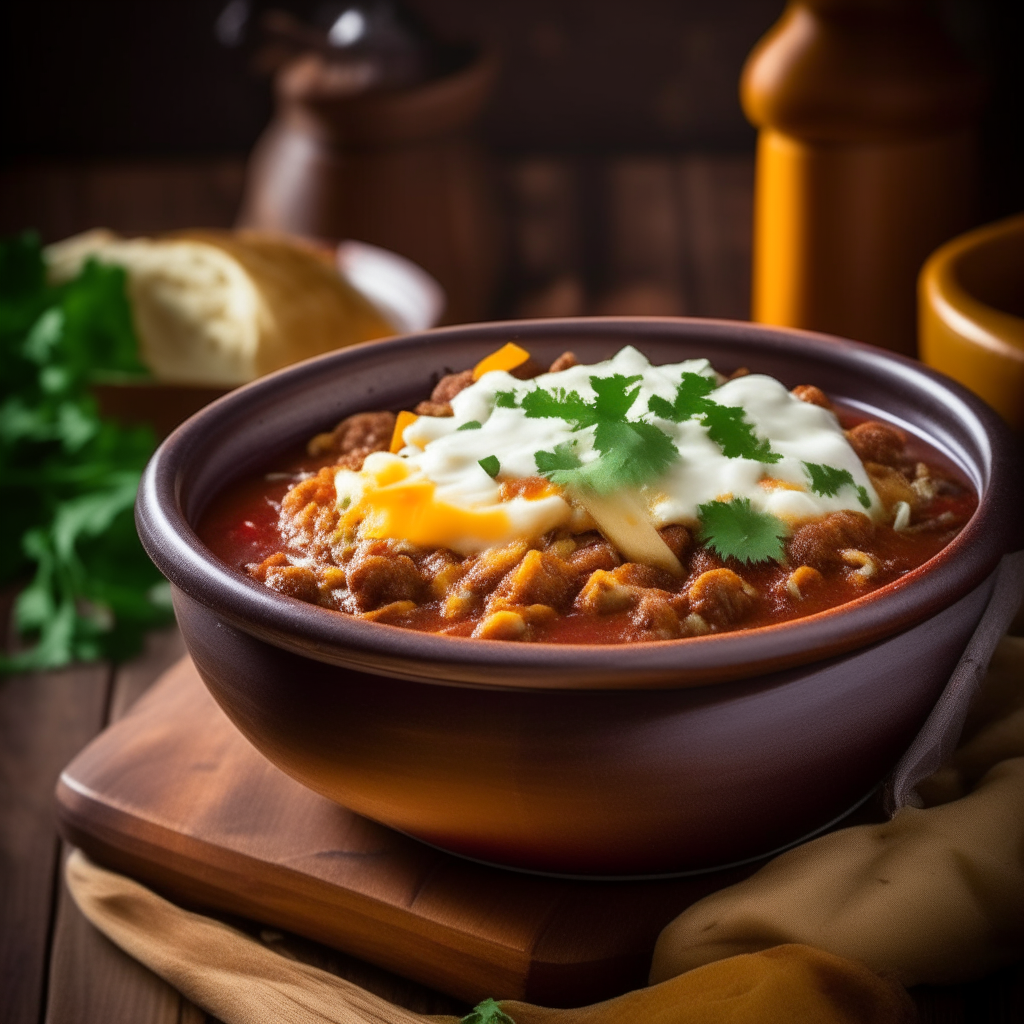 A close-up view of a hearty bowl of steaming hot Turkey Chili on a reclaimed wood table, garnished with cheddar cheese, sour cream, cilantro and avocado slices. The background shows an American flag and other rustic decor.