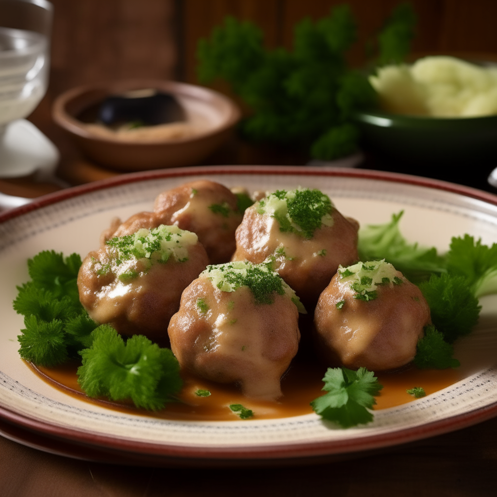 A close-up view of juicy, browned turkey meatballs arranged on a plate with mashed potatoes, broccoli and parsley garnish on a wooden table with checkered tablecloth and rustic American decor.