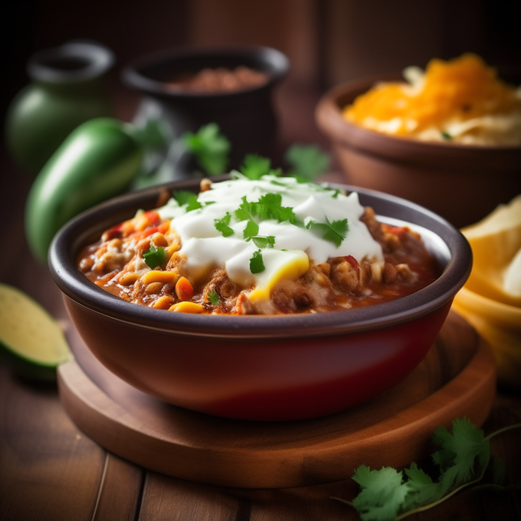 A close-up view of a steaming bowl of thick, hearty turkey chili garnished with cheese, sour cream, cilantro and avocado on a wooden table. The background shows a rustic American kitchen with an American flag.