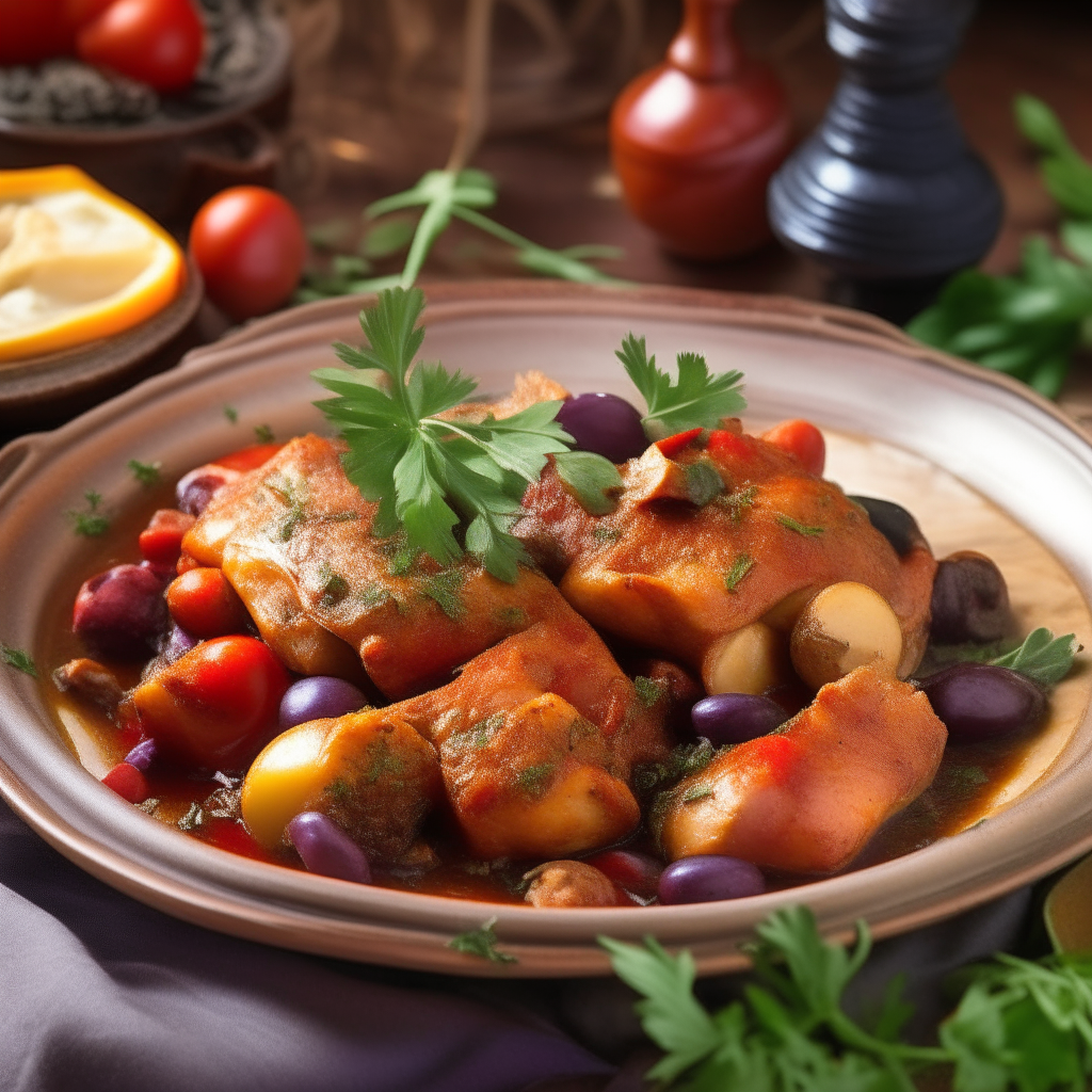 An earthenware plate with braised chicken cacciatore bathed in a tomato sauce with peppers, onions and olives. Fresh herbs garnish the dish with a rustic Italian-American kitchen in the background.