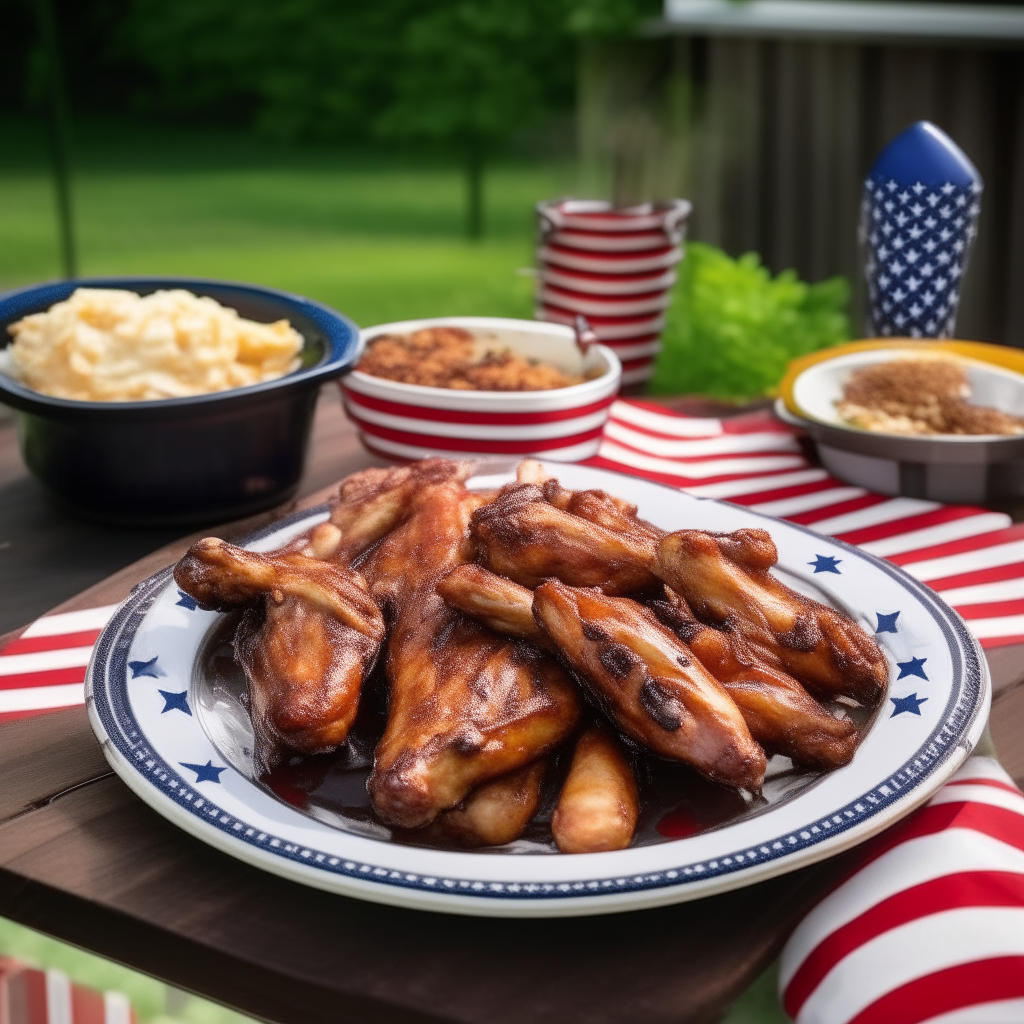 A plate of sticky, saucy BBQ chicken wings with sides of coleslaw and fries on a grill-themed plate. An American flag waves in the backyard.