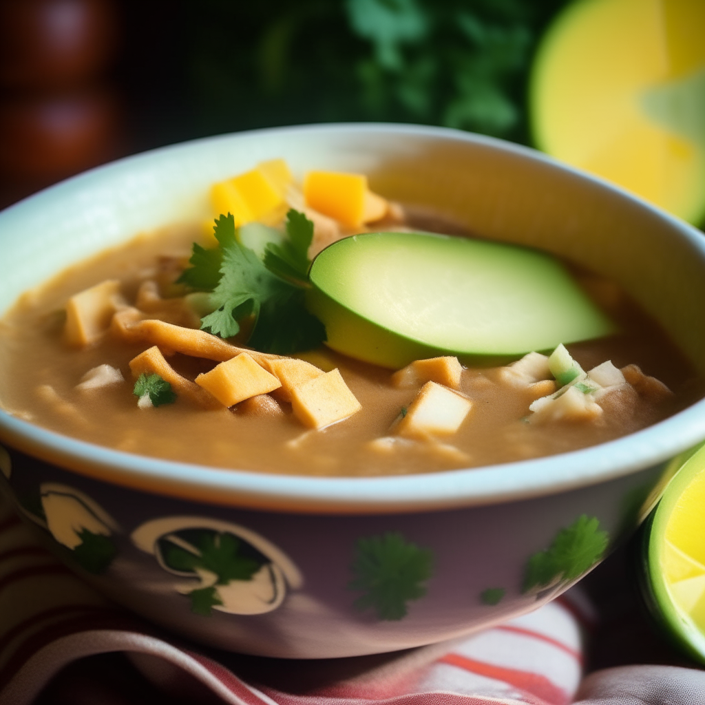 A close-up of a steaming bowl of chicken tortilla soup garnished with avocado, cheese and cilantro on an earth-toned tablecloth.