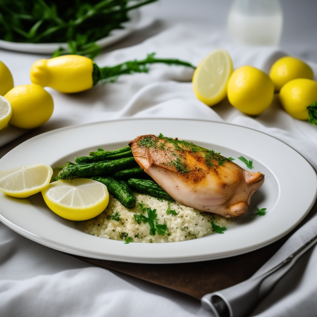 A white plate with pan-seared lemon garlic chicken served with asparagus, rice, lemon slices and parsley on a sophisticated table setting.