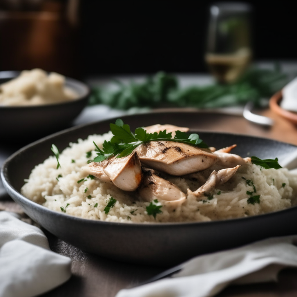 A close-up view of a bowl of chicken and rice garnished with herbs on a table set with silverware and a linen napkin, with a cozy kitchen in the background.