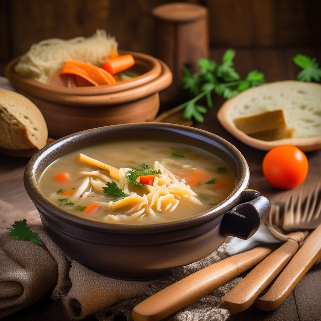 A steaming bowl of chicken noodle soup garnished with carrots, celery and parsley on a rustic wooden table with bread and butter, in a cozy kitchen.