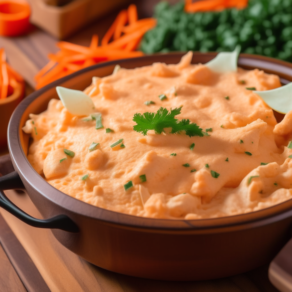 A close-up view of a creamy, orange-red Buffalo Chicken Dip in a bowl, surrounded by tortilla chips, carrots, and celery. The bowl sits on a wooden board in a sports-themed party setting.