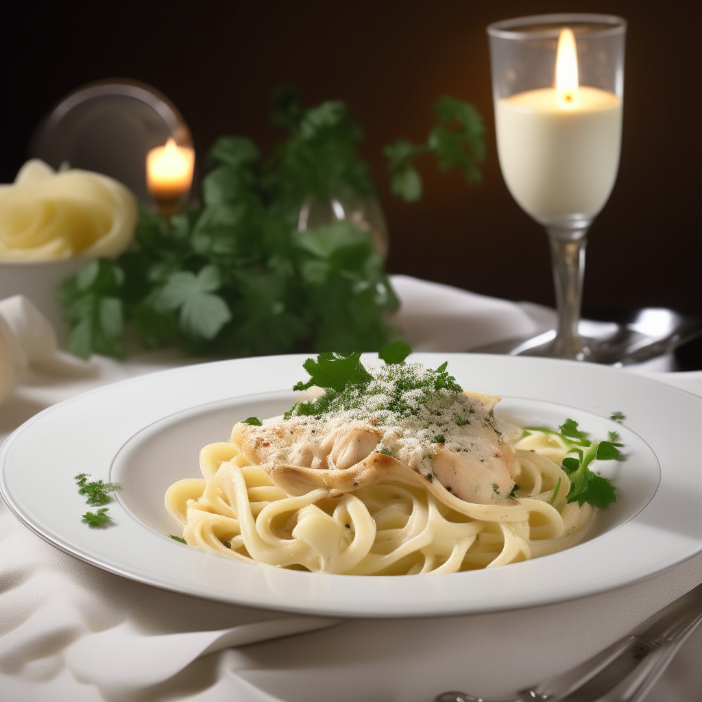 A white plate with creamy chicken alfredo pasta garnished with parsley on an elegant table setting with wine and roses.