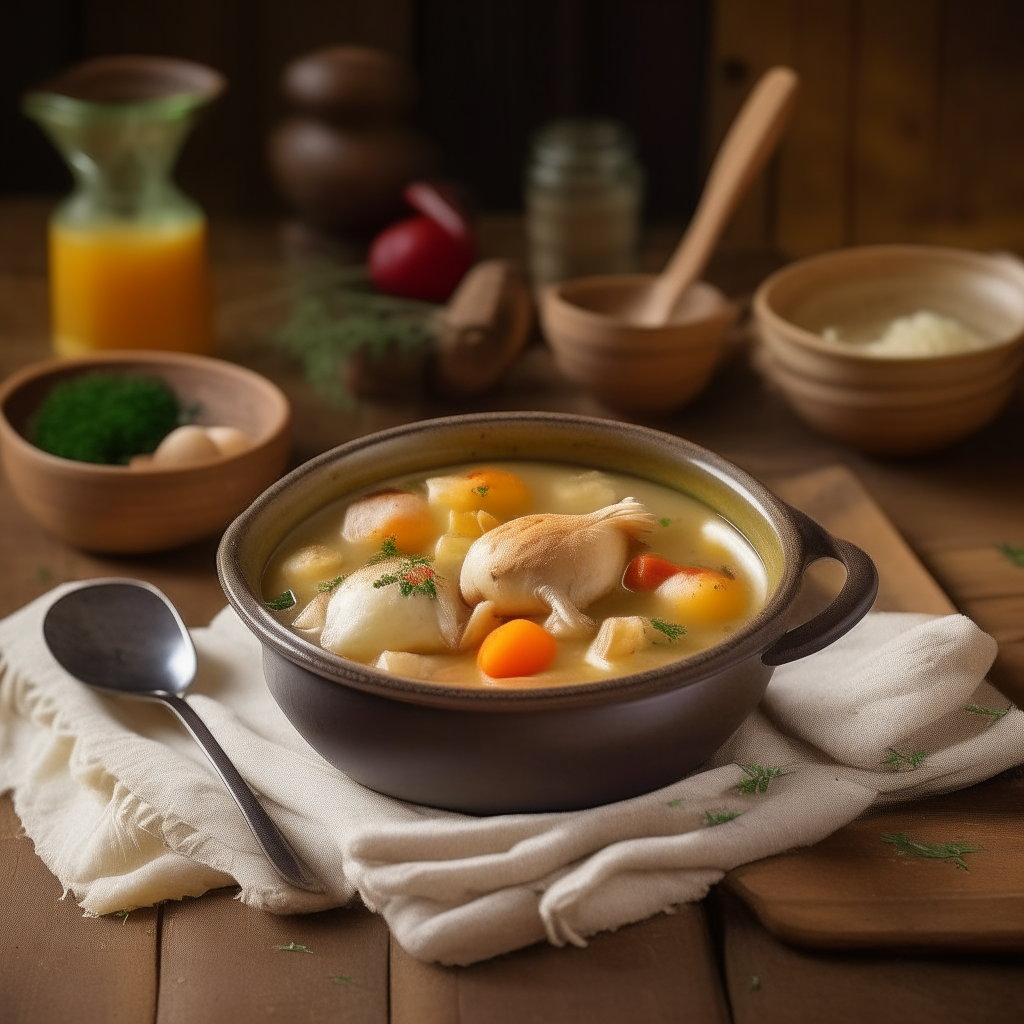 A rustic bowl filled with chicken, vegetables and fluffy dumplings, served with a spoon and napkin on a wooden table in a warm, inviting kitchen.