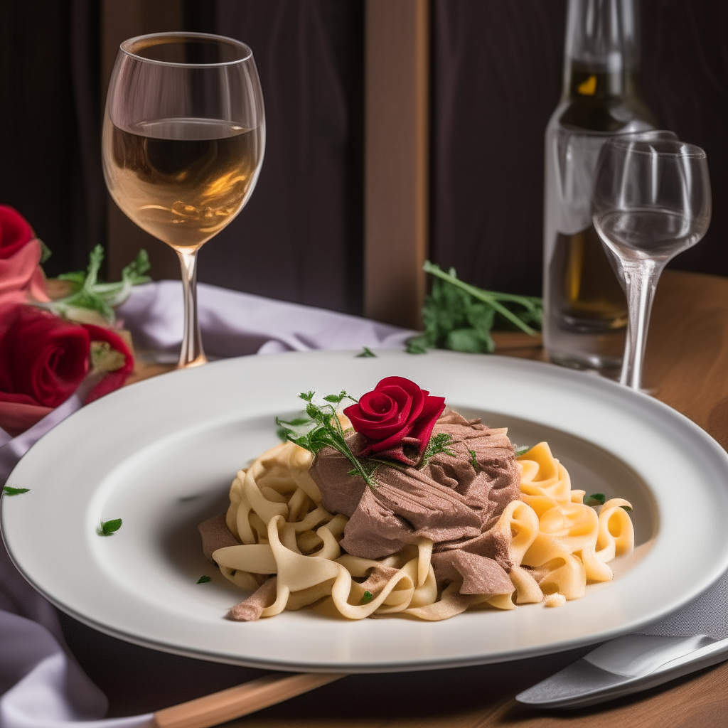 A white plate with strips of beef stroganoff and egg noodles, wine glass and red roses on a polished wooden table.