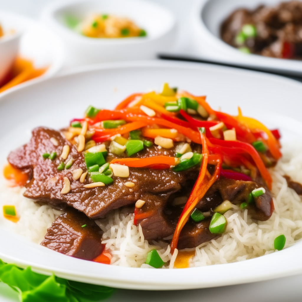 A white plate with Mongolian beef, bell peppers, green onions, sesame seeds and rice.