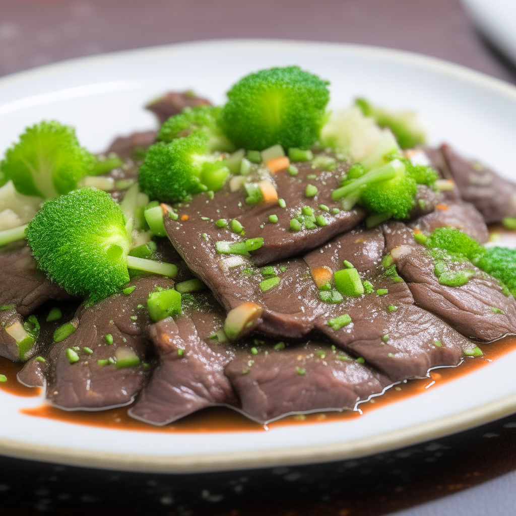 A white plate with slices of beef and broccoli florets in sauce, garnished with green onions and sesame seeds.