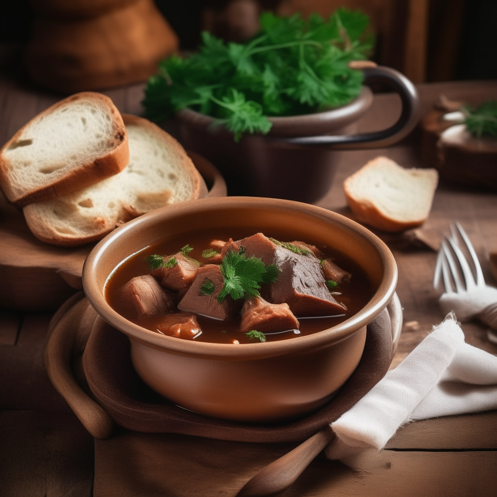 A bowl of beef stew garnished with thyme, served with bread on a wooden table in a cozy kitchen.