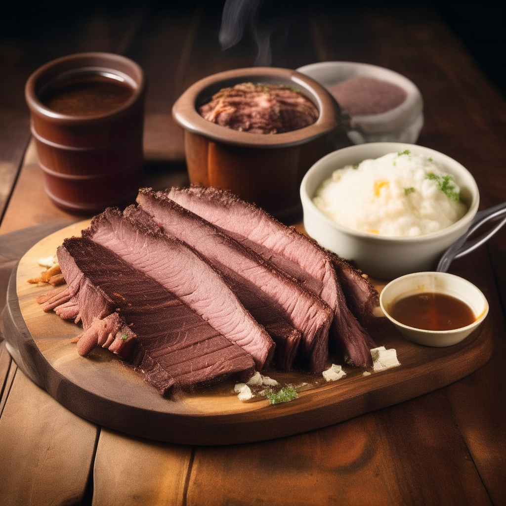 A sliced beef brisket with bark and smoke ring on a wooden board, served with cornbread, coleslaw, sauce, and a pitcher of iced tea.