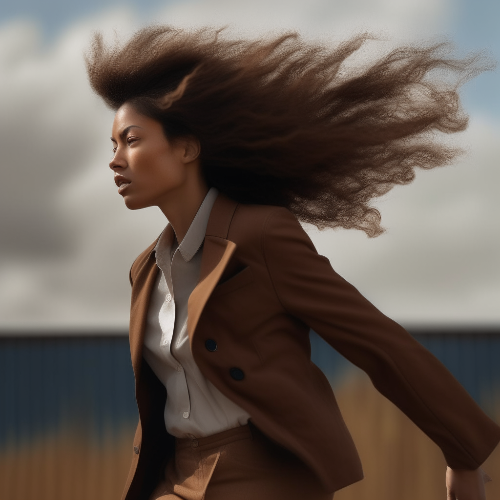 A woman in a brown blazer standing with one foot forward, her hair blowing in the wind