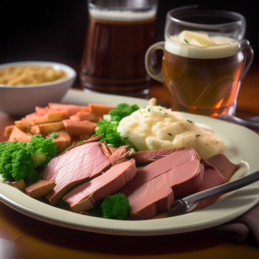 A plate of sliced corned beef, cabbage, carrots and potatoes garnished with parsley, served with silverware and beer.