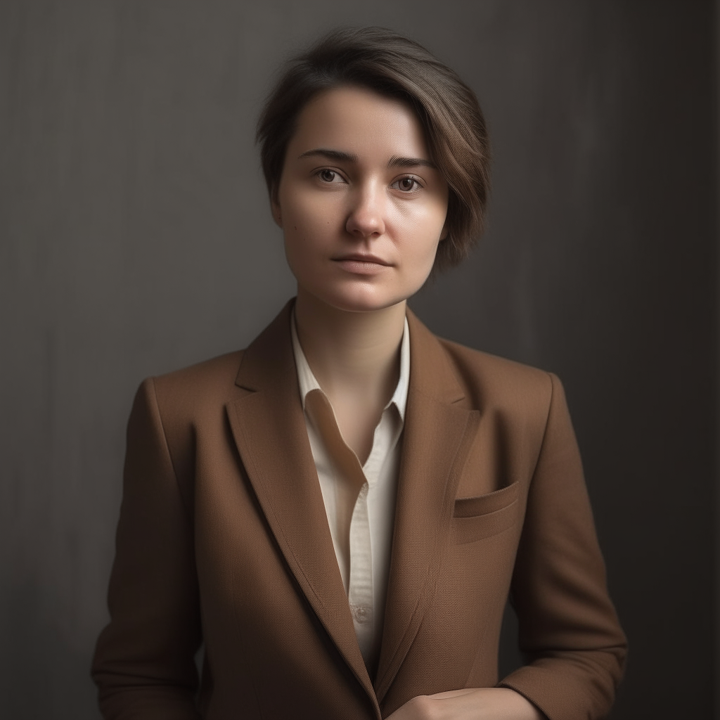 A woman in a brown blazer, posed as in image 2 but with the face of the woman in image 1