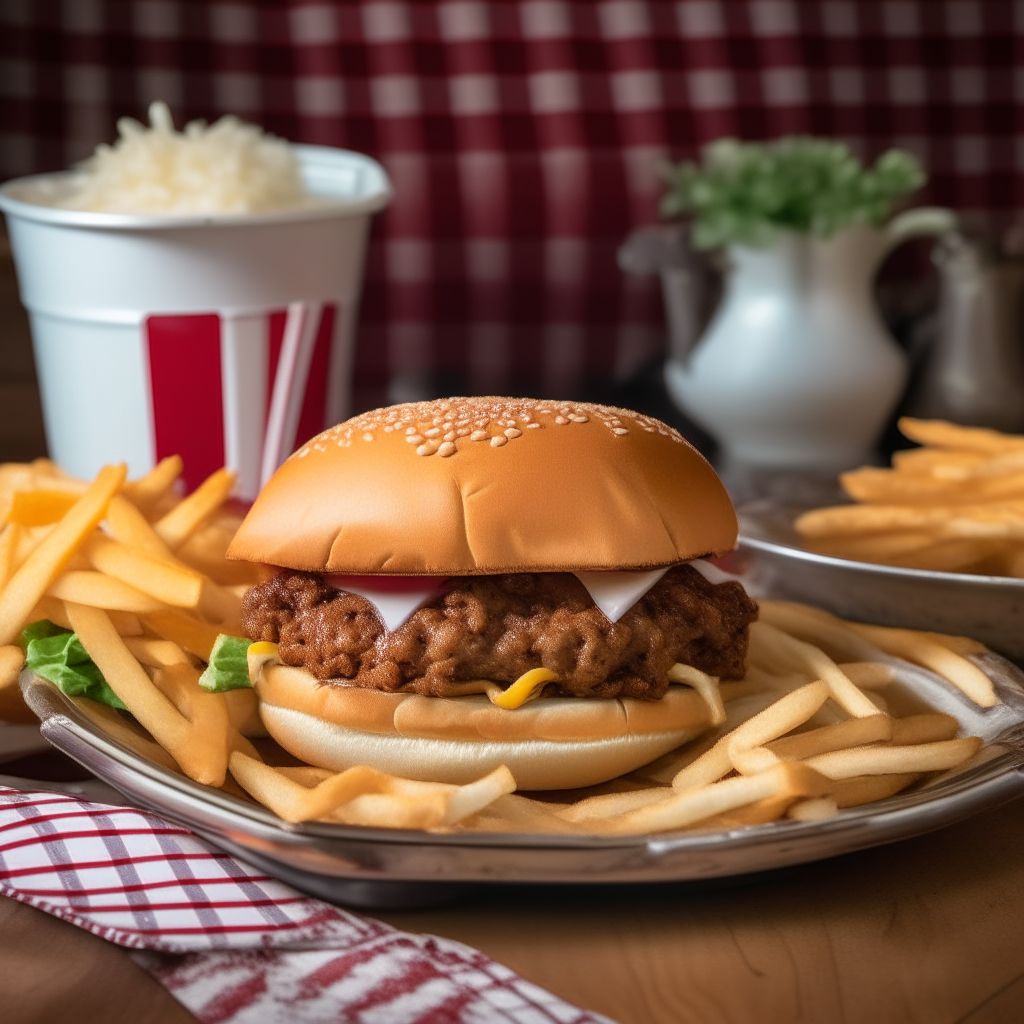 A Sloppy Joe sandwich served with fries and coleslaw on a checkered tablecloth, with Americana kitchen decor in the background.