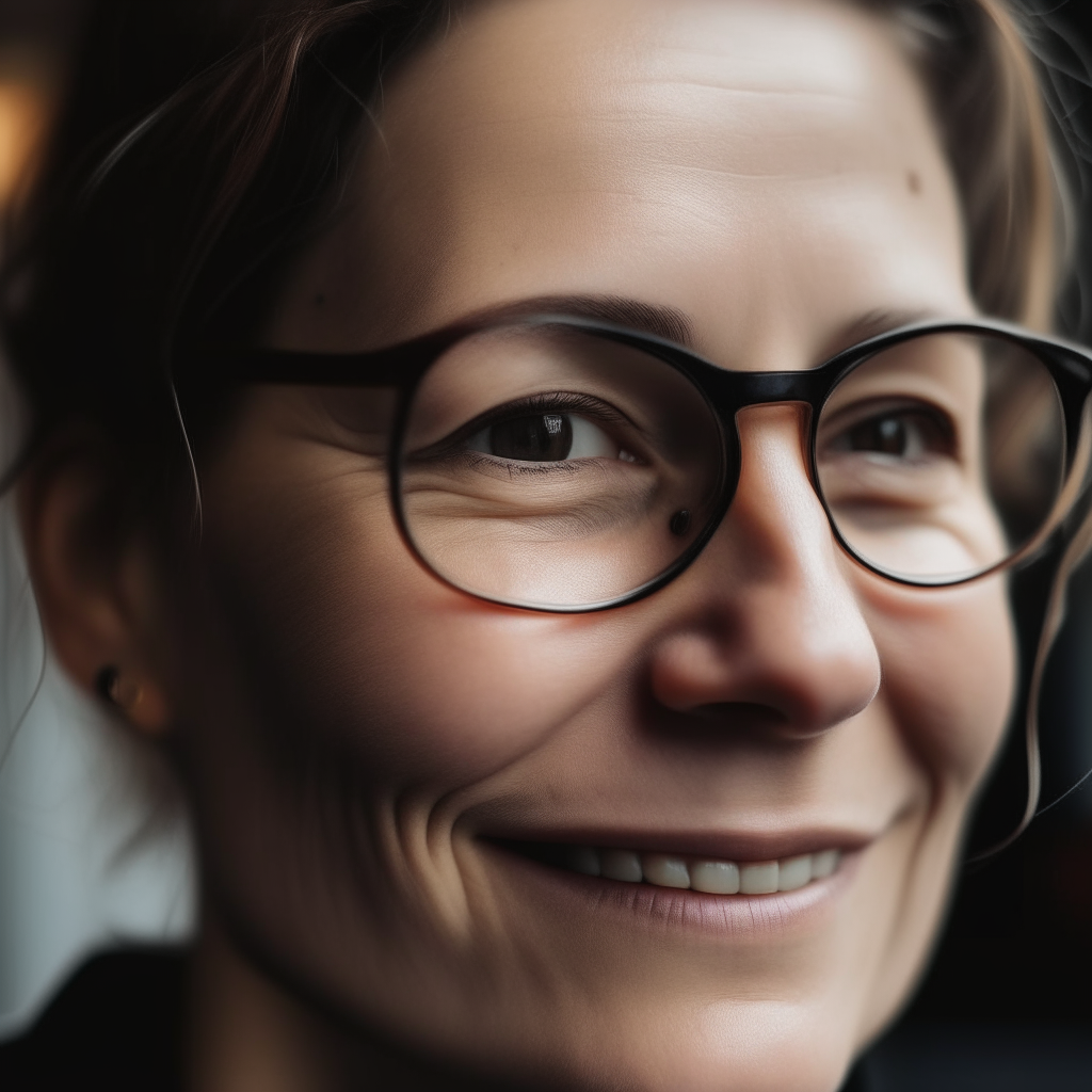 A close-up portrait of the woman from image 6, wearing glasses and a subtle smile