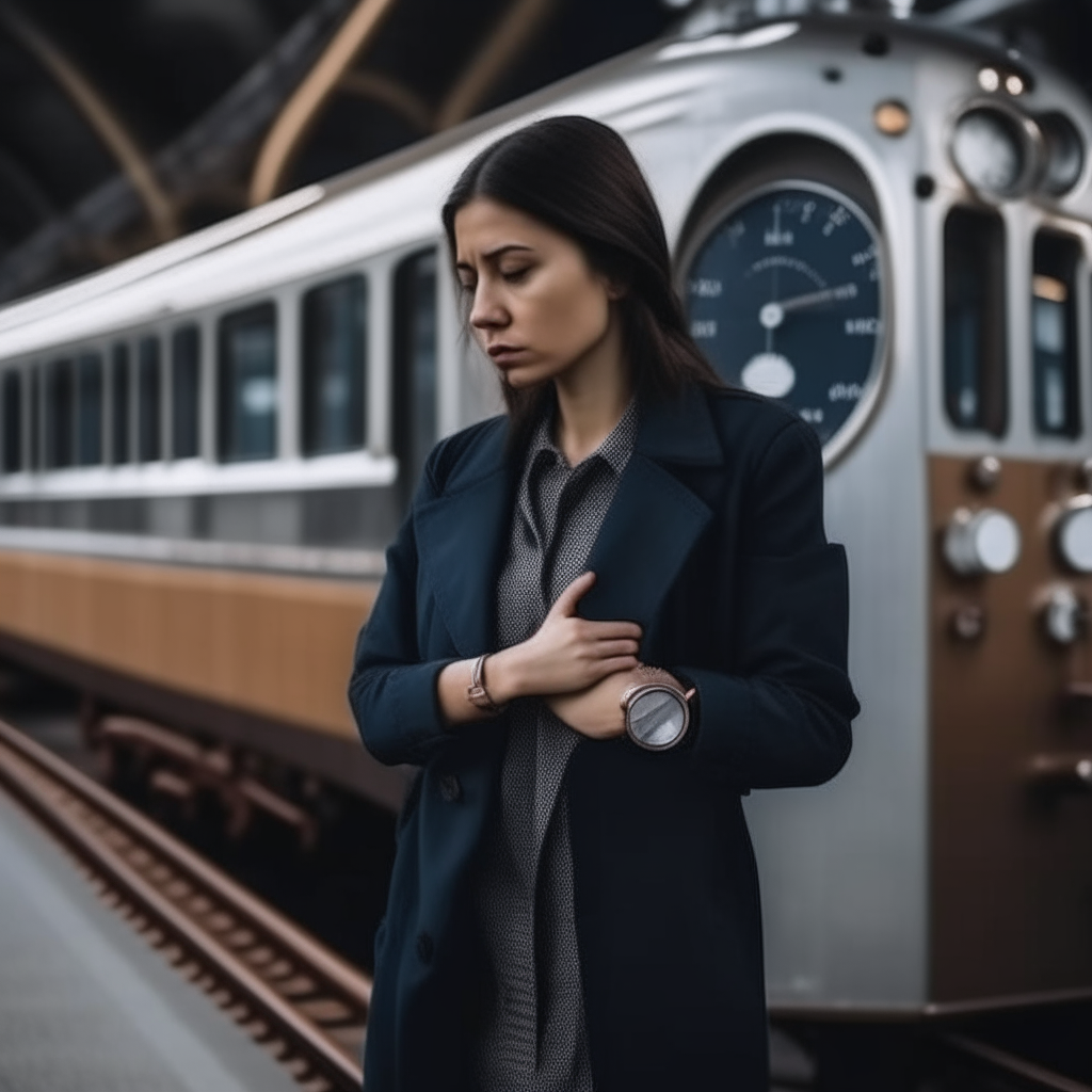 The woman from image 6 standing next to a train, checking her watch impatiently