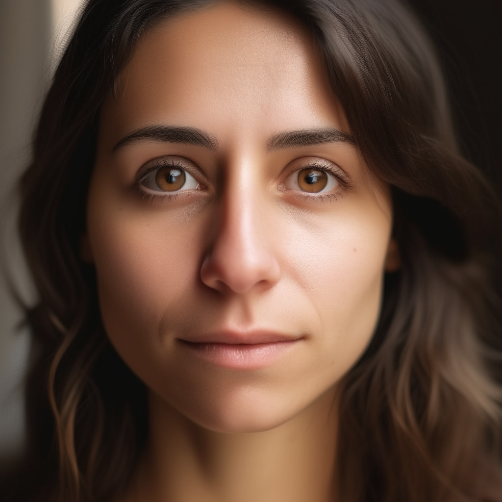 A close-up portrait of a woman with shoulder-length brown hair and brown eyes, wearing minimal makeup