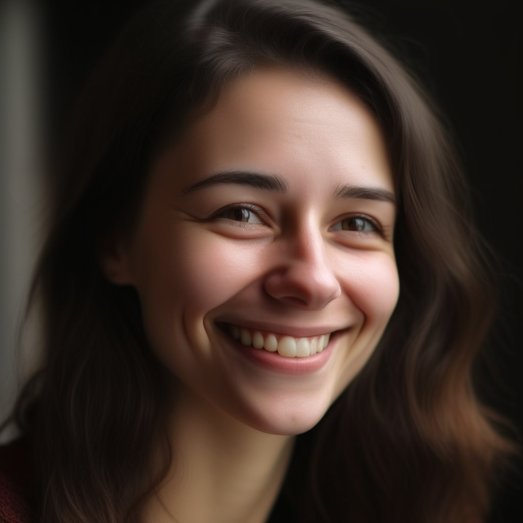 A woman with straight brown hair and light eyes, smiling softly while looking slightly down and to the left