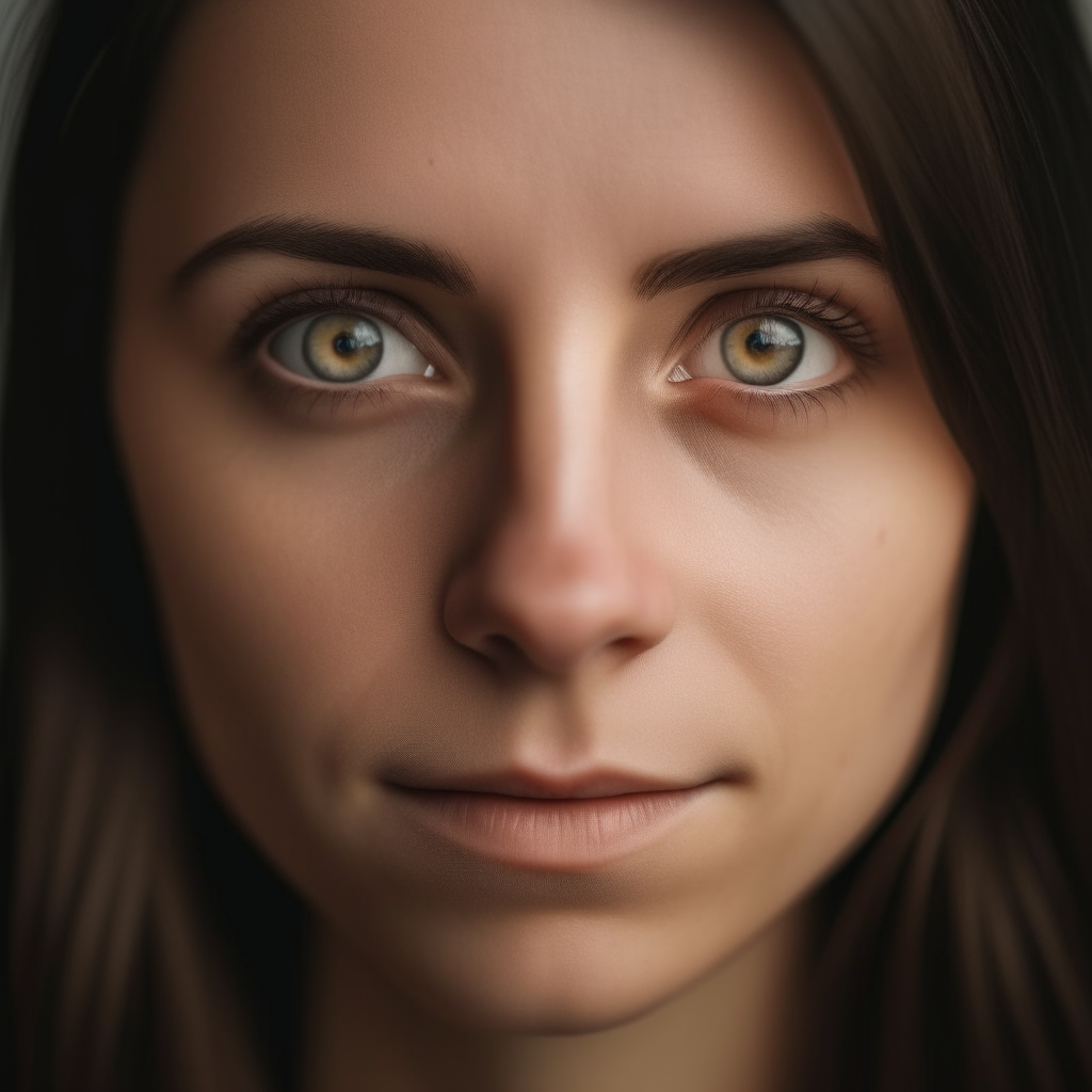 A close-up portrait of a woman with straight brown hair, fair skin and brown eyes looking directly at the camera