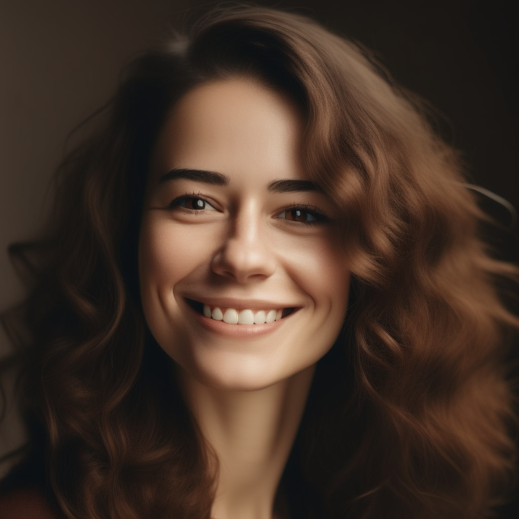 A portrait of a woman with wavy brown hair parted to one side, light eyes and full lips smiling gently