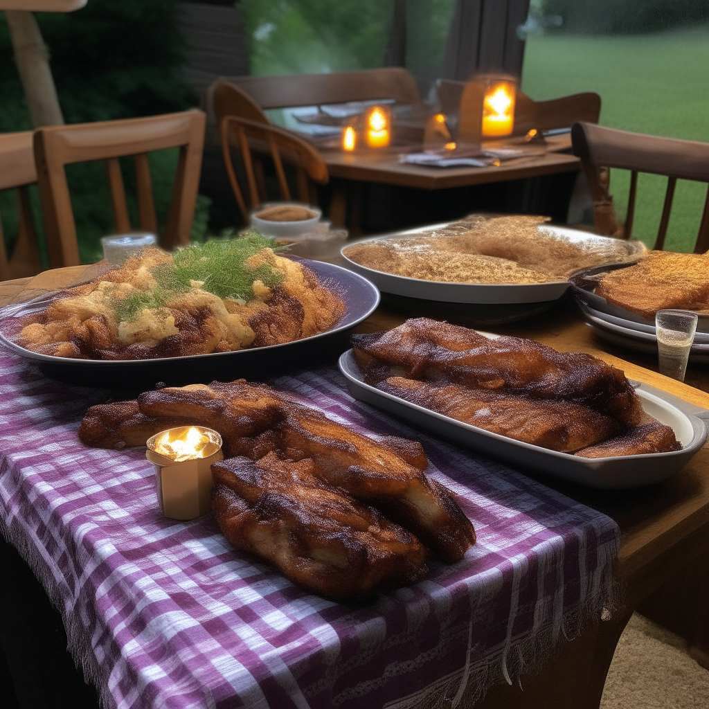 A platter of barbecue ribs, coleslaw, potato salad and cornbread on a wooden picnic table decorated with string lights.