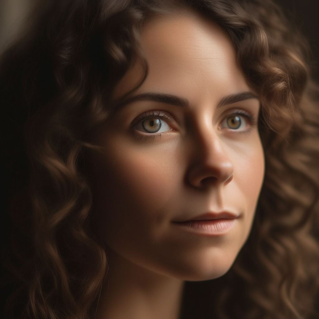 A close-up portrait of a woman with wavy brown hair, fair skin and hazel eyes looking to the side