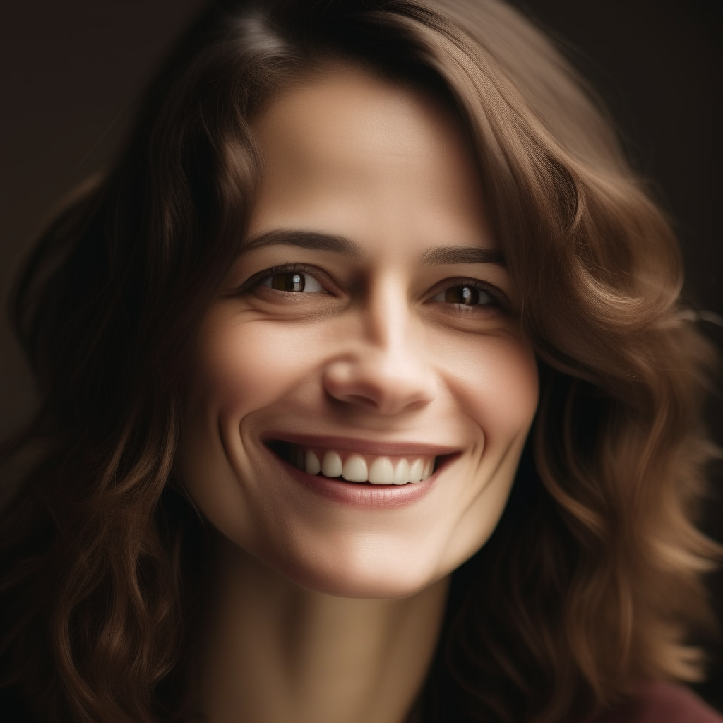 Portrait of a woman with wavy shoulder-length brown hair, light eyes and full lips smiling gently