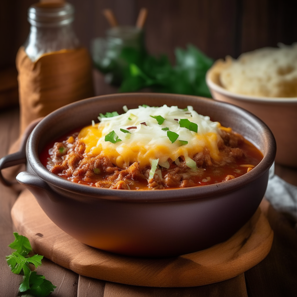 A bowl of beef chili garnished with cheese and cilantro, served with cornbread in a rustic kitchen.