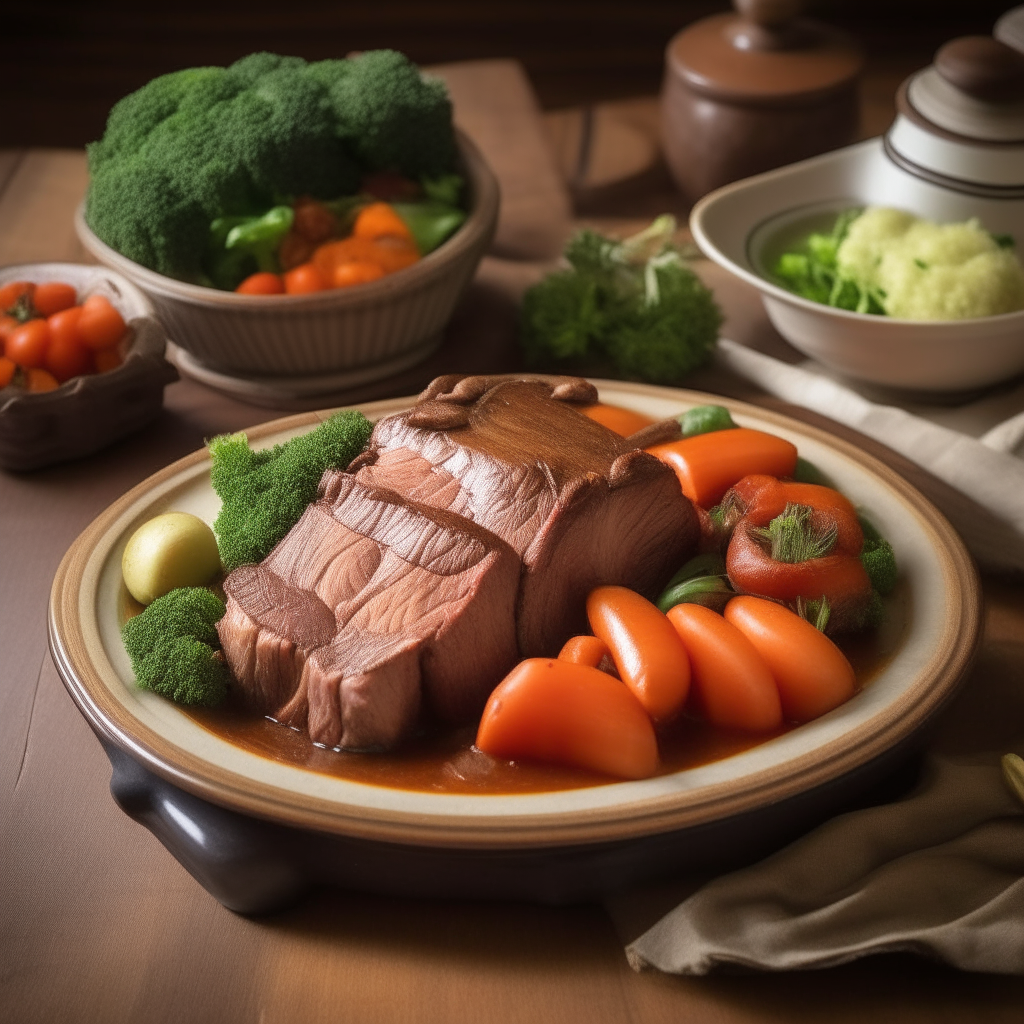 A pot roast surrounded by vegetables on a platter, served on a rustic dining table.