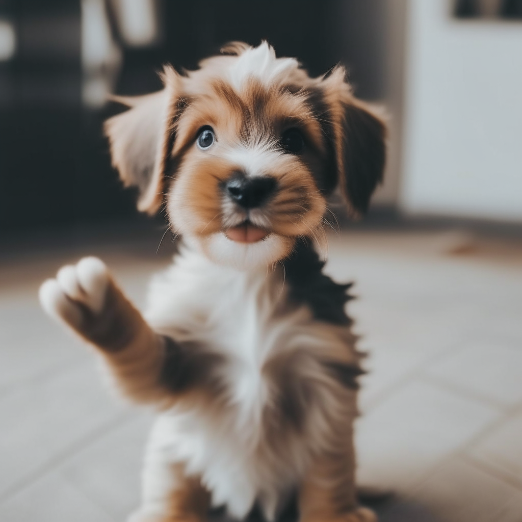 A cute puppy waving its paw hello