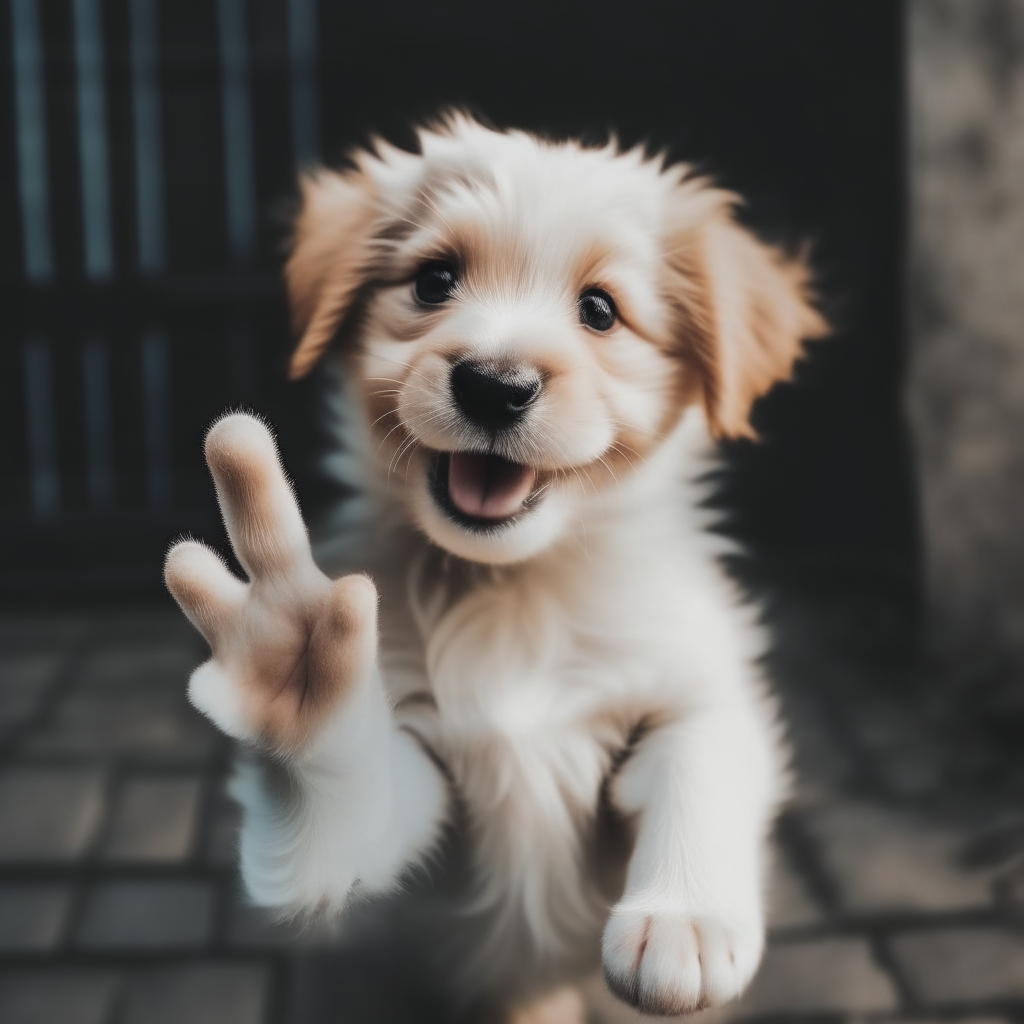 An adorable puppy smiling and waving both paws