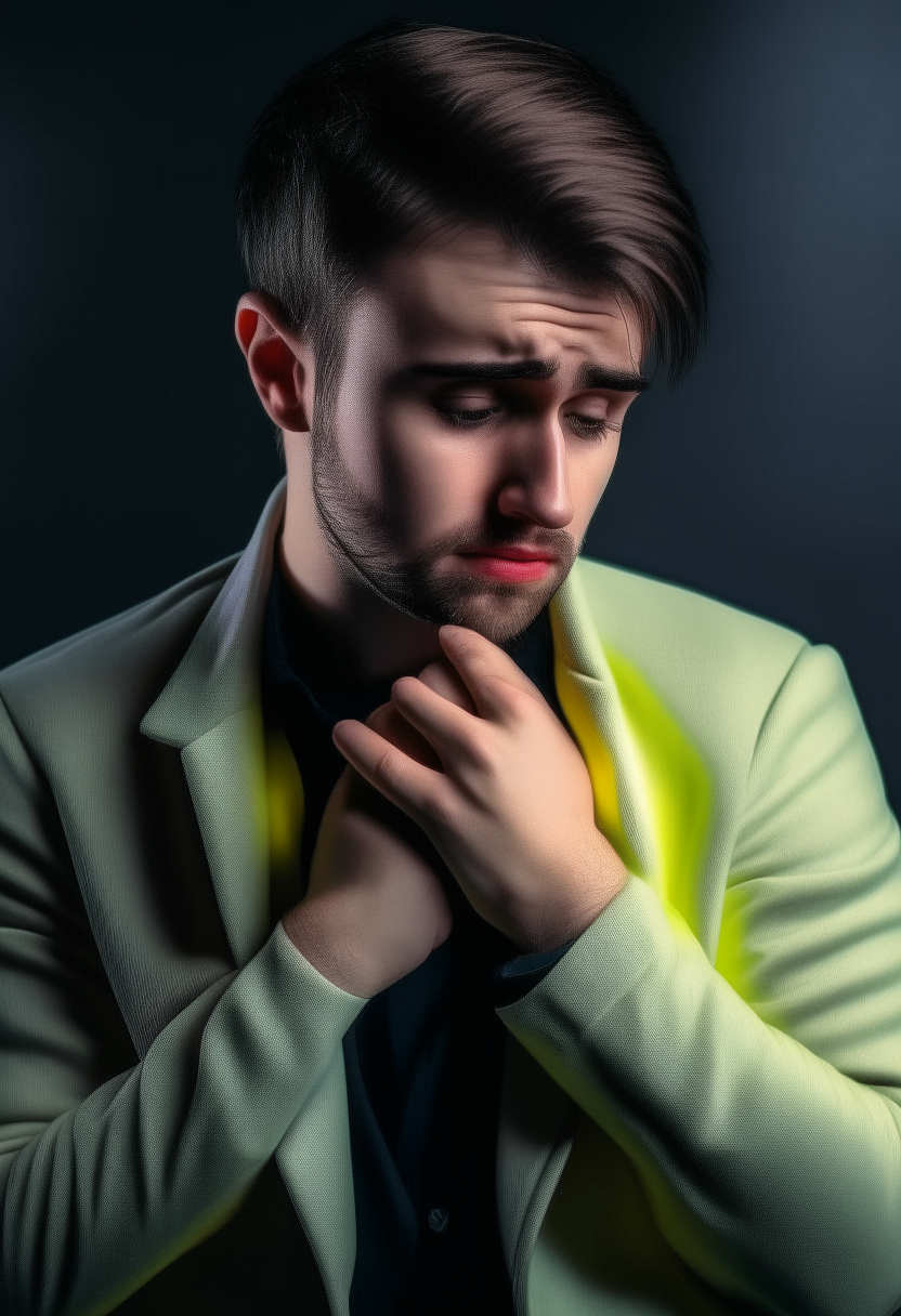 A beautiful man is in a sad mood with his hand on his heart and shedding tears in a private, high-visibility setting 