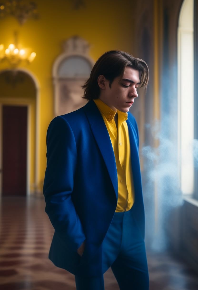 A beautiful man wearing a blue jacket, with medium hair, a thin body, and white skin, in an almost sad mood in a romantic atmosphere, as he leaves his lover, and smoke moves from them in yellow and blue, lightly and clearly, in a large house like a palace. 