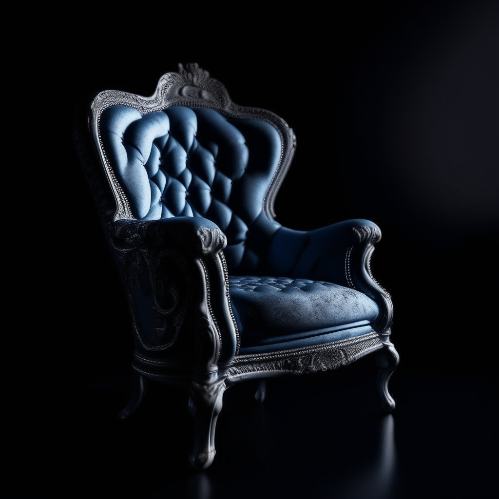 a blue neoclassical style armchair on a black background