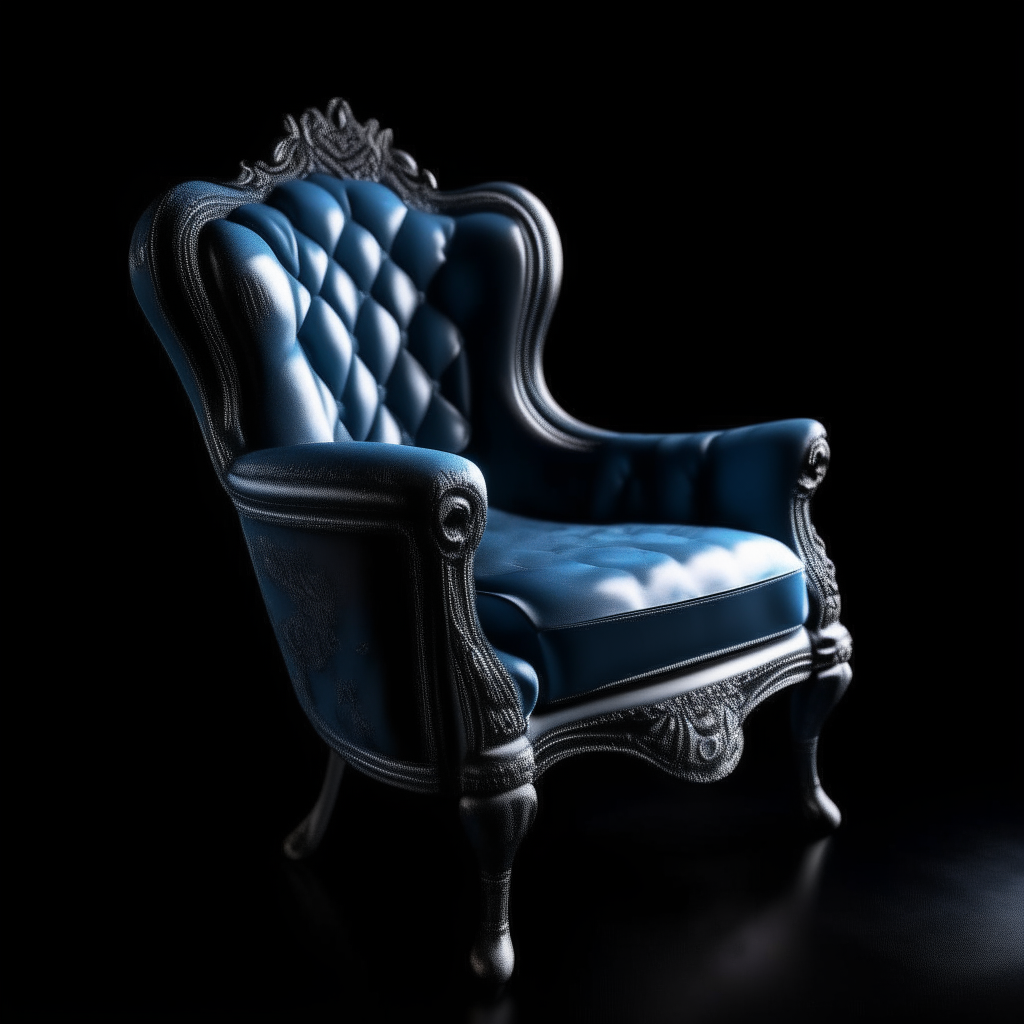 a blue neoclassical style armchair on a black background