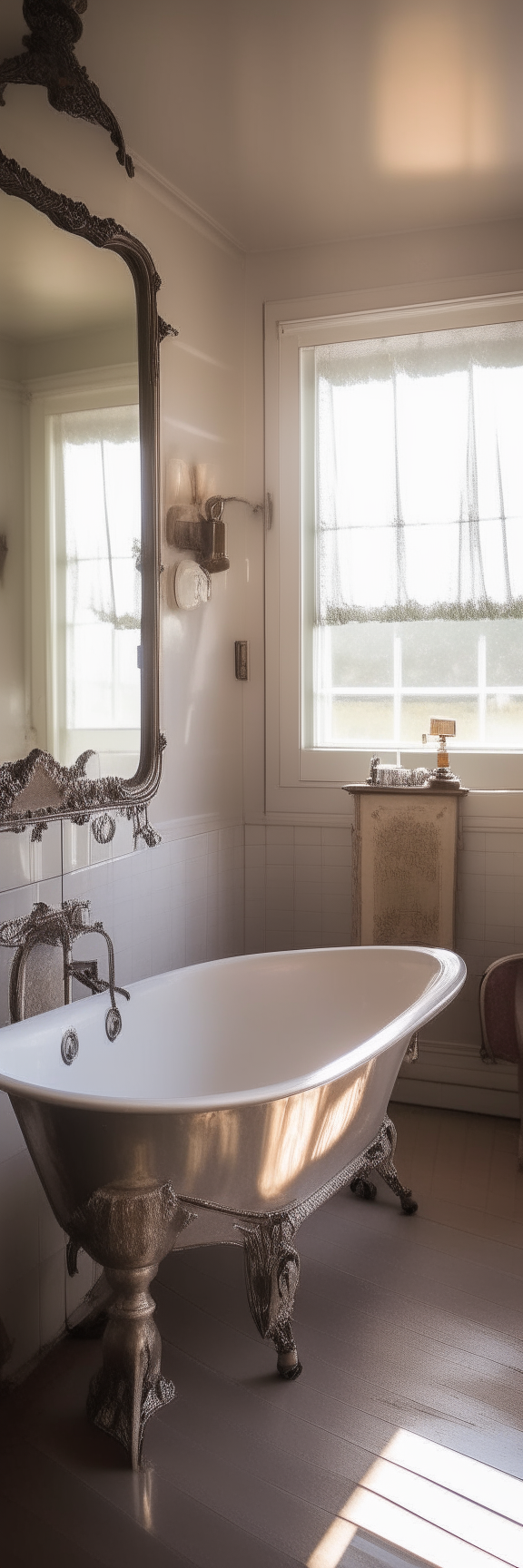 An old-fashioned bathroom with a clawfoot tub, cold white light shining in through a small window. On the far wall is a large antique mirror with an ornate frame.