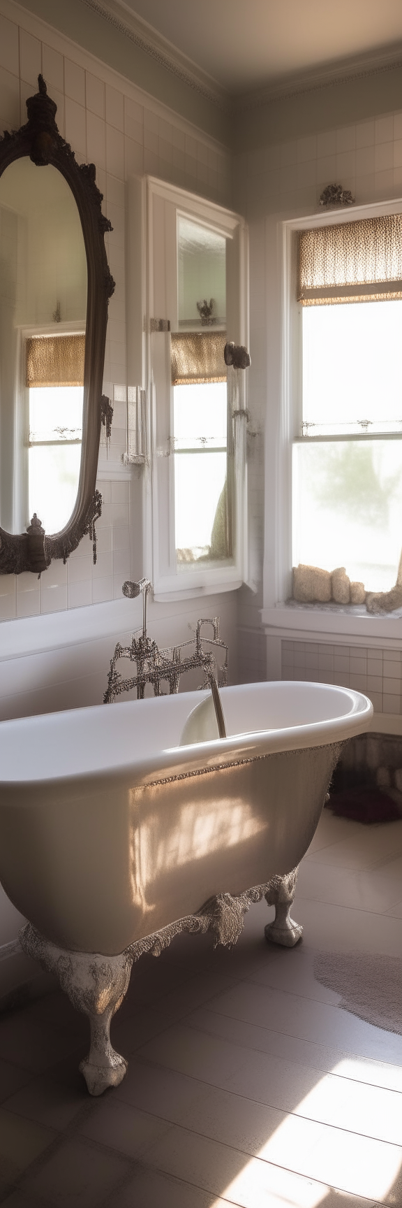 An old-fashioned bathroom with a clawfoot tub, cold white light shining in through a small window. On the far wall is a large antique mirror with an ornate frame.