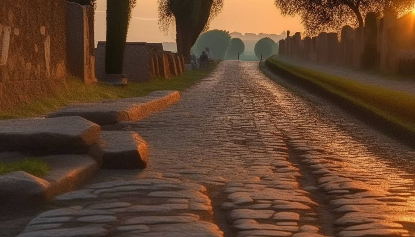 ancient roman road Appia crossing an ancient roman city at sunset, ancient roman people in the streets