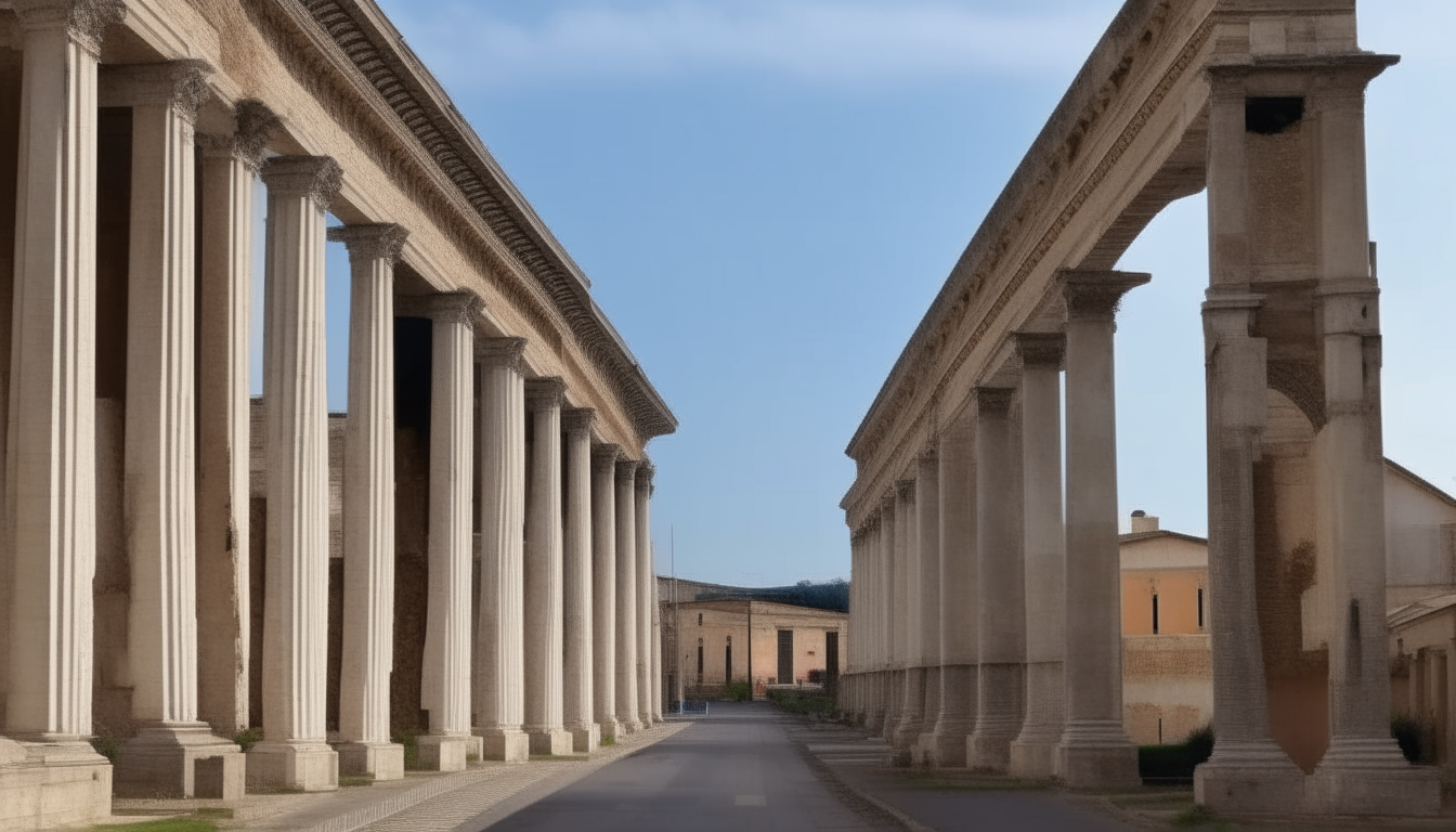 ancient roman buildings on both sides of a road with columns and arches