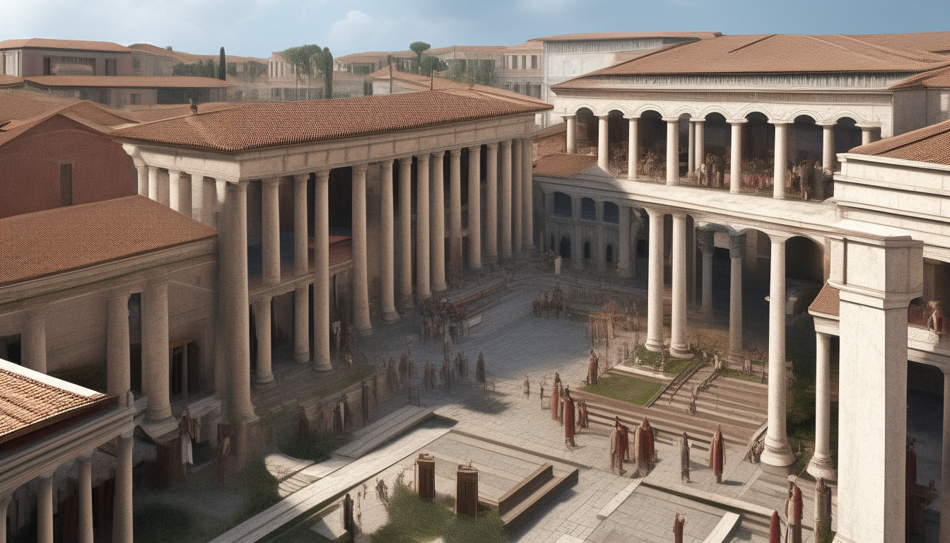 a reconstruction of an ancient roman city with buildings, columns, arches and people