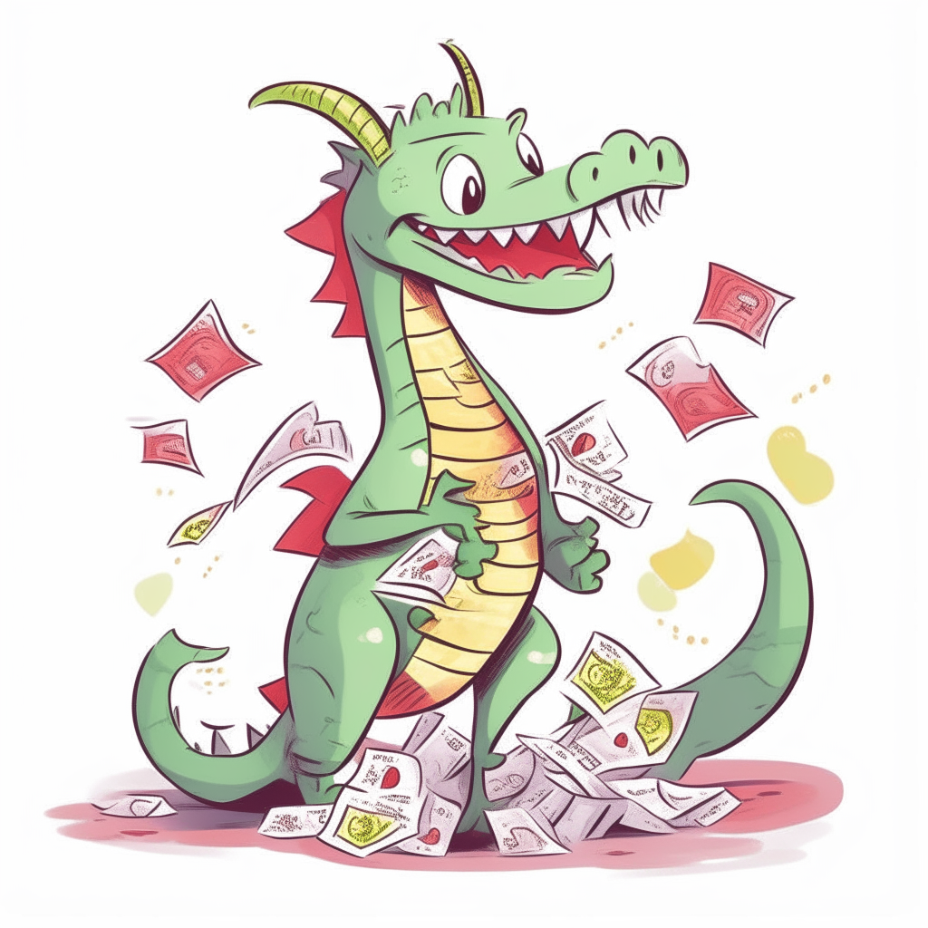 A cartoon dragon holding a pile of money bills with hearts drawn on them