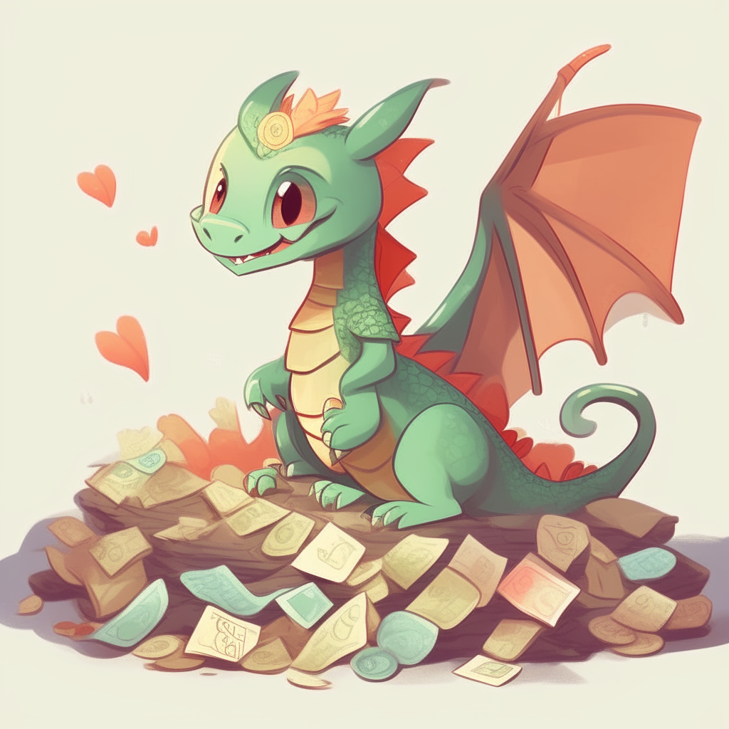 A cute little dragon sitting on a pile of cash, surrounded by paper hearts