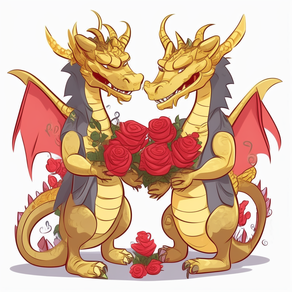 A pair of cartoon dragon couples holding bouquets of roses and bags of gold coins