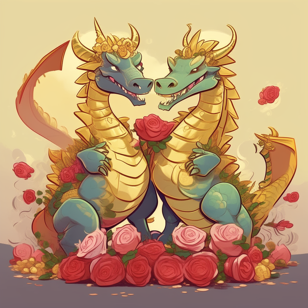 Two cartoon dragon couples standing together amid piles of gold coins and roses