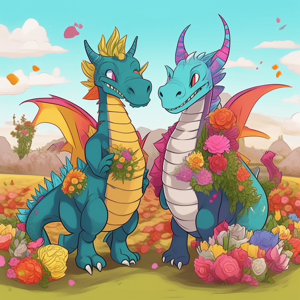 A pair of cartoon dragon couples standing amid a field of colorful flowers, holding bouquets and bags of cash